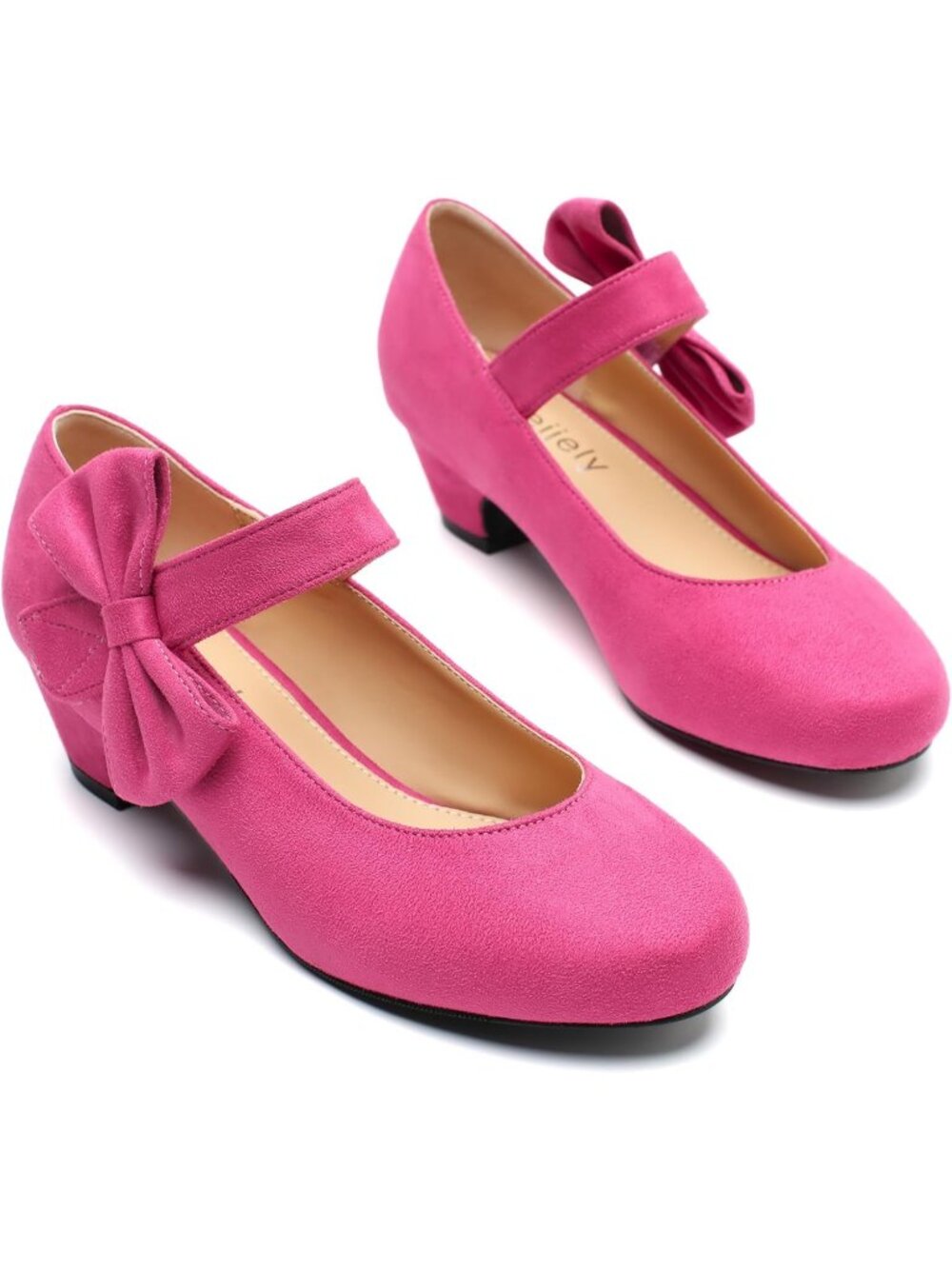 Women's Pink Suede Low Block Heel with Side Bowknot Round Toe Wedding Pump Shoes - Picture 7 of 7